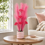 Artificial Feather Pampas Grass & Rose Flower Arrangement in Ceramic Pot - Image 4