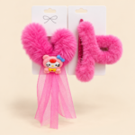 Girls’ Fluffy Hair Clip Set with Cartoon Charm and Ribbon – Pink or Blue