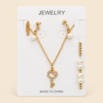 Gold-Tone Pearl and Rhinestone Key Jewelry Set