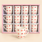 Cherry & Pink Daisy Coffee Mug Set – 12 Pieces, Cream