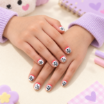 Kids White Press-On Nails with Red Tips and Black Star Designs – 12 Pieces - Image 2