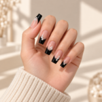 Black French Tip Press-On Nails with Rhinestones 12 pcs - Image 2