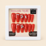 Romantic Myth Red Press-On Nails with Rhinestones & Pearls – 12 Pieces
