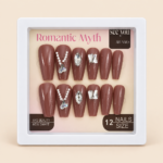 Romantic Myth Mauve Brown Press-On Nails with Pearls & Rhinestones – 12 Pieces
