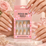 Nude Pink Bow Press-On Nails with Rhinestones – 12 Pieces - Image 2