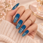Dark Blue Glitter Press-On Nails – Long Square - 12 pcs - Image 2