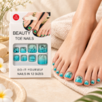Turquoise Press-On Toenails with Black Abstract Lines – 12 Pieces - Image 2
