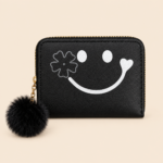 Smiley Face Zip Wallet with Pom-Pom Charm