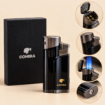 COHIBA 4 Jet Flame Butane Cigar Lighter with Built-In Cigar Punch – Black