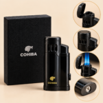 COHIBA Triple Jet Flame Butane Cigar Lighter with Built-In Cigar Punch – Black