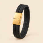 Cambridge Men’s Black Leather Bracelet with Gold-Tone Clasp