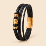 Cambridge Men’s Multi-Strand Black Leather Bracelet with Gold-Tone Accents
