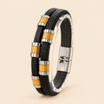 Cambridge Men’s Black Leather Bracelet with Gold & Silver Metal Accents