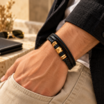 Cambridge Men’s Multi-Strand Black Leather Bracelet with Gold-Tone Accents - Image 2