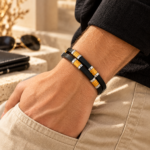 Cambridge Men’s Black Leather Bracelet with Gold & Silver Metal Accents - Image 2