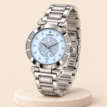 Cambridge Silver-Tone Watch with Blue Pearlescent Dial and Crystal-Style Bezel