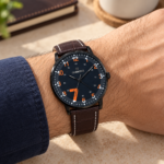 Cambridge Men’s Black Dial Watch with Brown Crocodile-Pattern Strap - Image 2