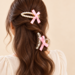 2-Piece Pearl and Crystal Hair Clip Set with Pink Bows - Image 2