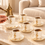 Momaz Nagham Coffee Cup & Saucer Set – 12 Pieces, Cream & Gold Musical Design - Image 2