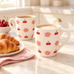 Cherry & Pink Daisy Coffee Mug Set – 12 Pieces, Cream - Image 2