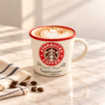 Cream Coffee Mug with Red Rim and Starbucks Logo - Image 2