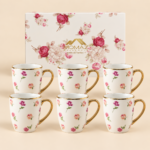 Momaz Rose Pattern Mug Set with Gold Handles – 6 Pieces