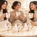 Momaz Rose Pattern Mug Set with Gold Handles – 6 Pieces - Image 3