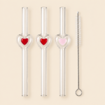Reusable Heart Glass Straws Set – 6 Straws + Cleaning Brush