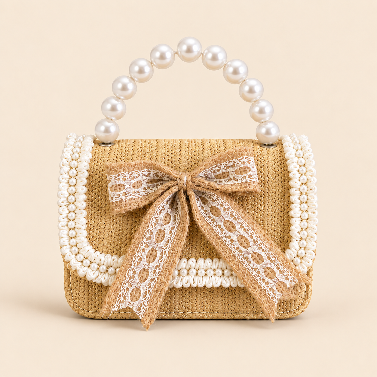 Woven Straw Handbag with Lace Bow Woven Straw Mini Handbag with Lace Bow and Pearl Handle for Women - Image 1