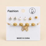 Butterfly Pearl Bracelet and Stud Earrings Set