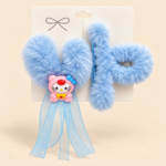 Girls’ Fluffy Hair Clip Set with Cartoon Charm and Ribbon – Pink or Blue - Image 2