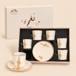 Momaz Nagham Coffee Cup & Saucer Set – 12 Pieces, Cream & Gold Musical Design