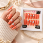 Romantic Myth Coral Press-On Nails with Heart & Rhinestones – 12 Pieces - Image 2