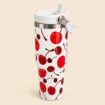 White Cherry Print Stainless Steel Insulated Tumbler with Flip Straw Lid & Carry Handle