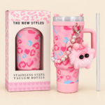 Pink Stainless Steel Insulated Tumbler with Handle, Straw & Fluffy Charm - Image 2