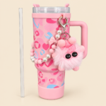 Pink Stainless Steel Insulated Tumbler with Handle, Straw & Fluffy Charm