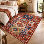MOMAZ Washable Area Rug 160 × 230 cm – Rust Red & Navy Geometric Patchwork - Image 2