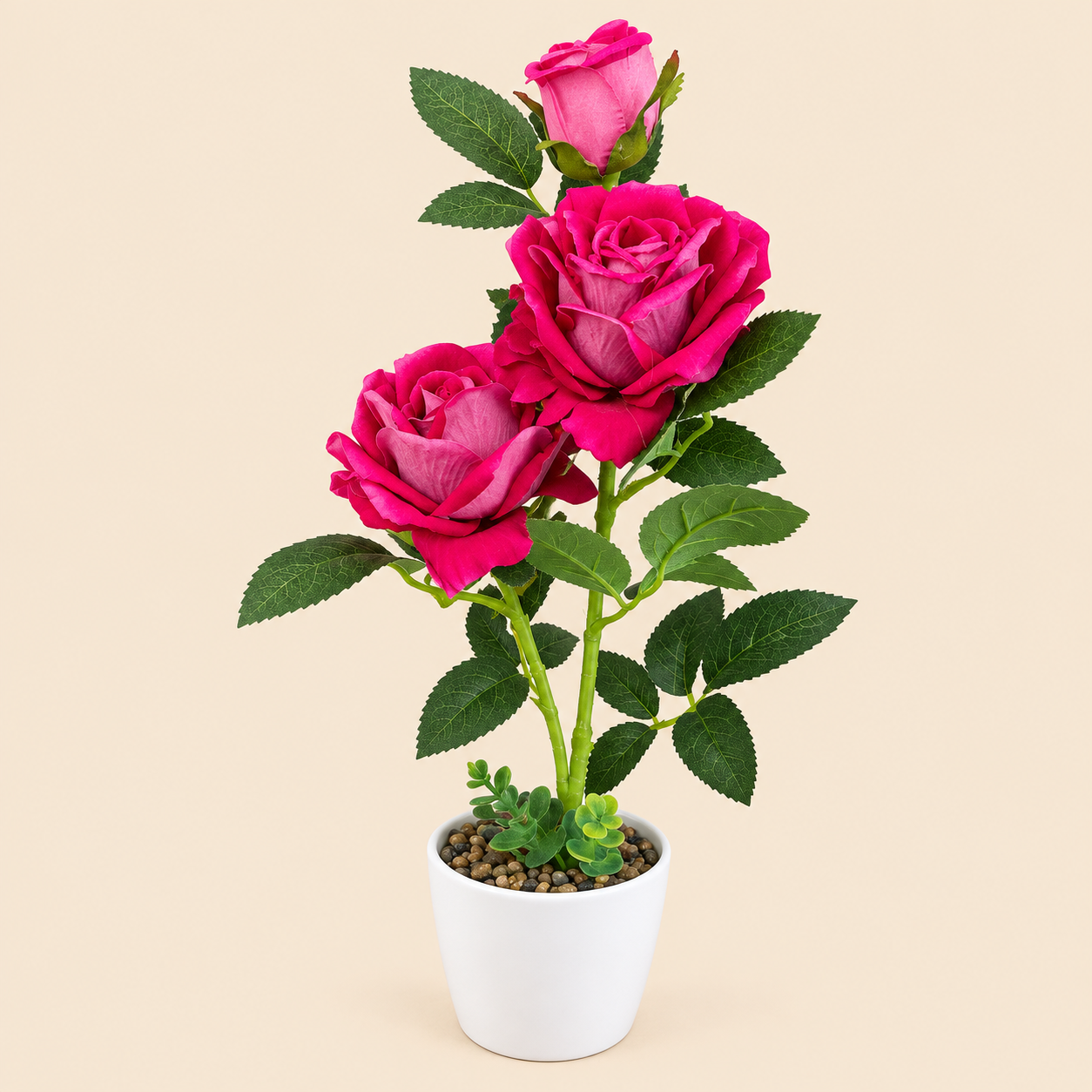 1b6198b0-b2bc-4b53-b585-e1ccc79476b2 Artificial Pink Rose Plant in White Pot – 3 Roses - Image 1