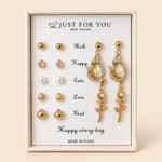 7-Pair Gold Stud & Dangle Earring Set for Women