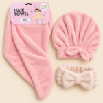 3-Piece Hair Towel Set with Drying Cap & Bow Headband – Pink