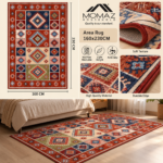 MOMAZ Washable Area Rug 160 × 230 cm – Rust Red & Navy Geometric Patchwork