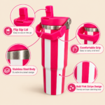 Pink & White Striped Stainless Steel Insulated Tumbler with Flip Straw Lid and Carry Handle - Image 2