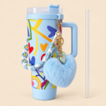 Blue Stainless Steel Insulated Tumbler with Handle, Straw & Heart Charm