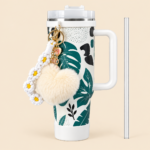 White & Green Tropical Leaf Stainless Steel Insulated Tumbler with Handle, Straw & Heart Charm