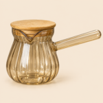 Amber Ribbed Glass Turkish Coffee Pot with Wooden Lid & Long Handle