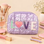 Purple Quilted LOVE Makeup Bag with Sequin Letters - Image 2