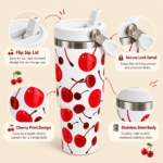 White Cherry Print Stainless Steel Insulated Tumbler with Flip Straw Lid & Carry Handle - Image 2