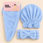 3-Piece Hair Towel Set with Drying Cap & Bow Headband – Light Blue
