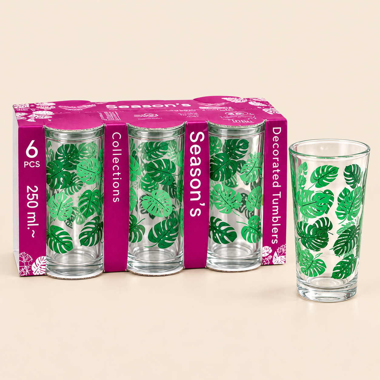 Boxed glassware set with display glass-3 Season’s Green Leaf Glass Tumbler Set – 6 Pieces, 250ml - Image 1