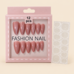 Dusty Rose Almond Press-On Nails – 12 Pieces with White Line Art